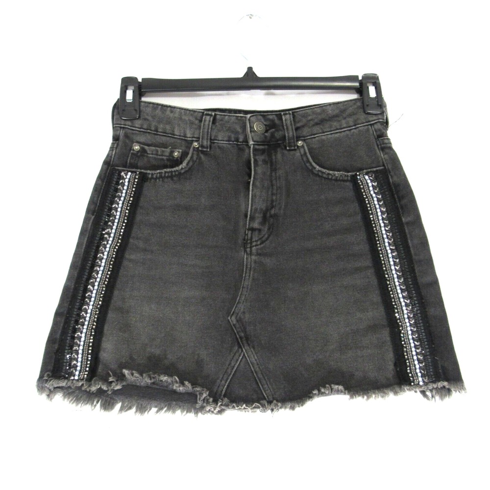 Free People Mini Skirt‎ Women's Size 2 Denim Side Stripe Embellished Black